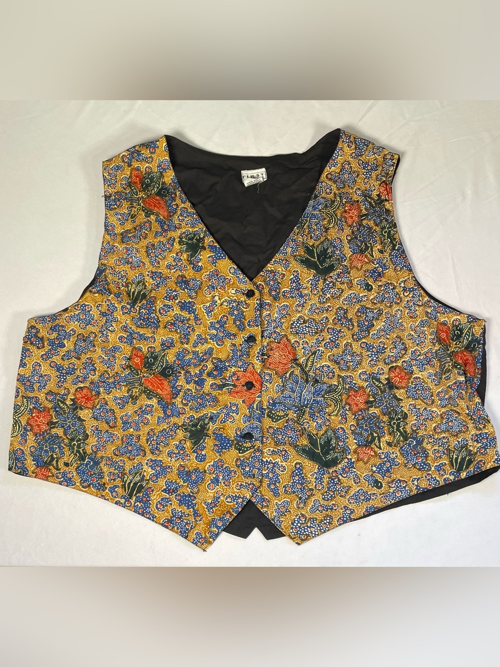 VTG First Class Beaded Batik Floral Vest 100% Cotton Size Unisex Boho Grannycore
